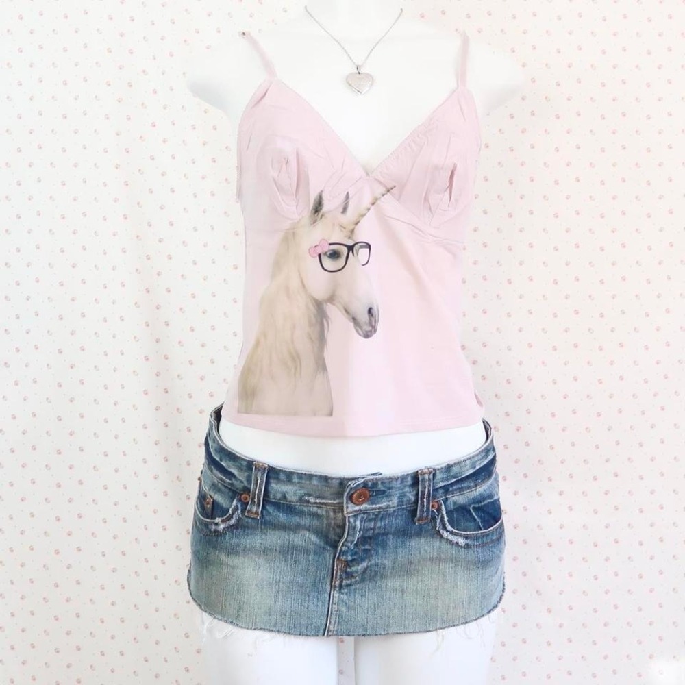 vintage pink unicorn glasses cami top coquette milkmaid y2k fairycore